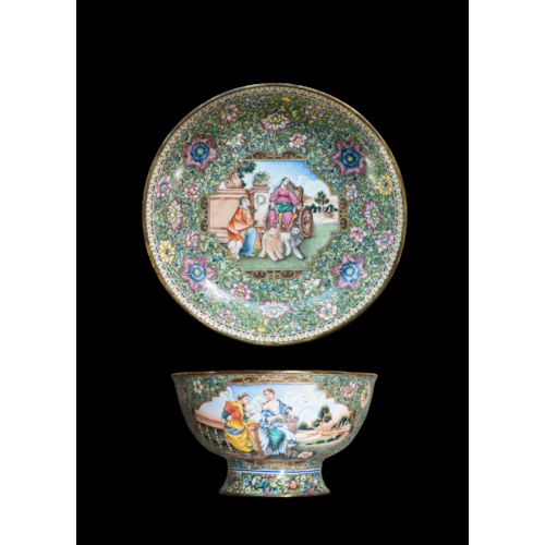 Chinese Beijing Painted Enamel on Copper Bowl and Saucer